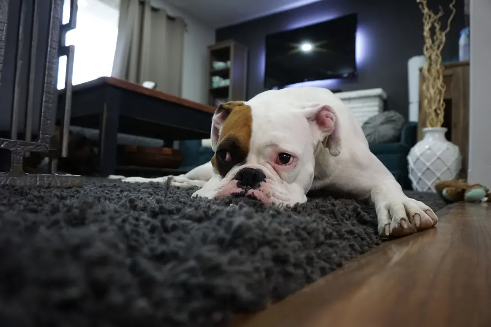 Carpet — charming bulldog resting cozy rug stylish living — near Fullerton, CA