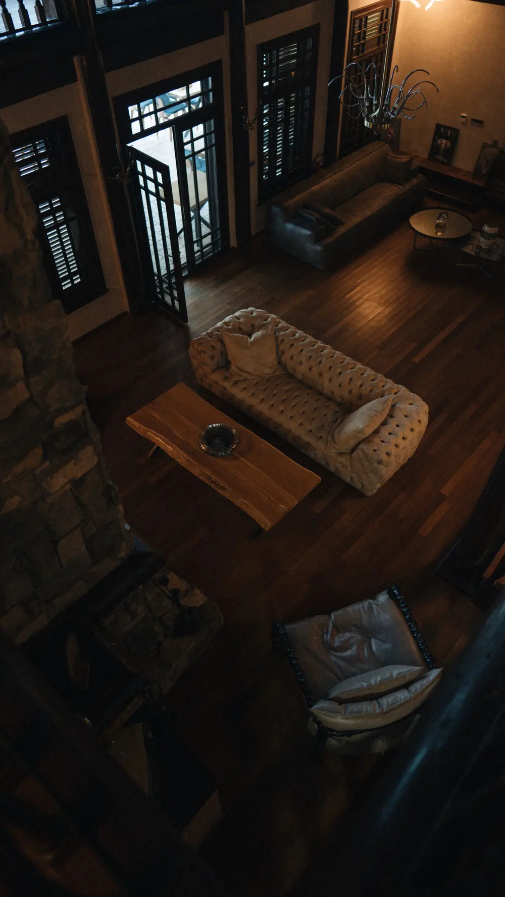 Hardwood flooring — aerial view rustic living room cozy