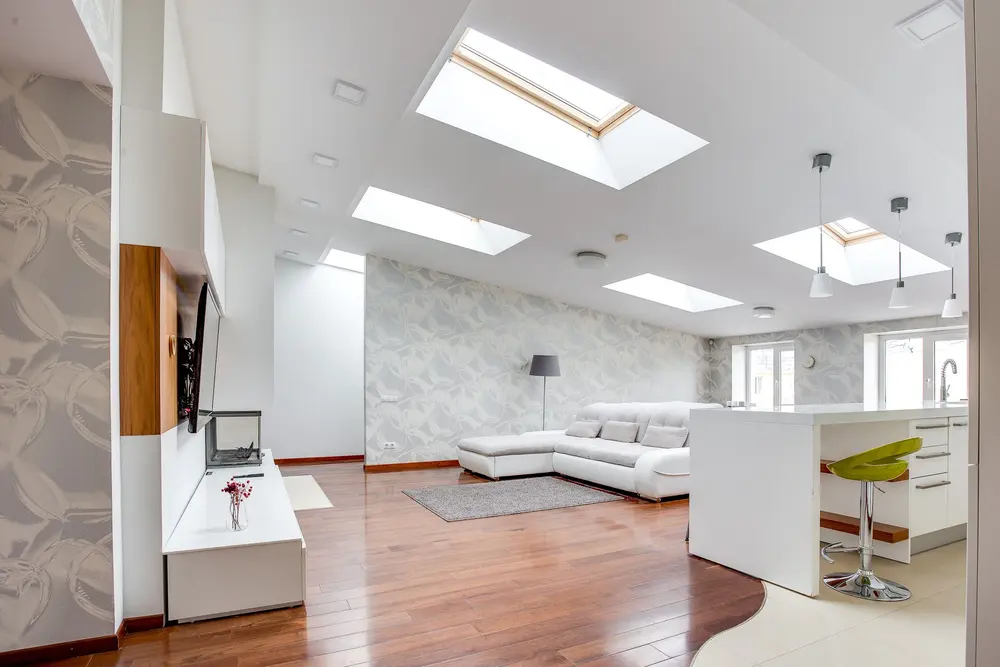 Laminate flooring — bright modern living room skylights open space