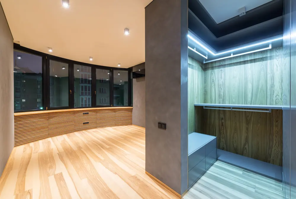 Refinished hardwood flooring — creative design empty room interior wardrobe