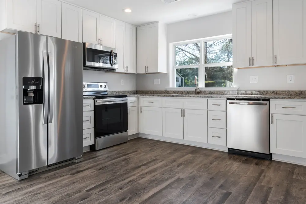 Vinyl flooring — bright minimalist kitchen stainless steel