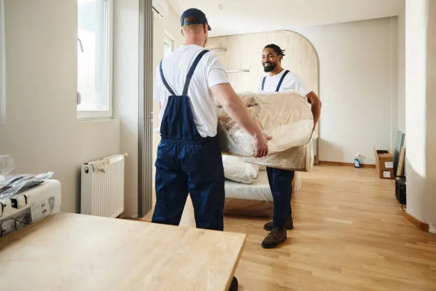 Professional furniture moving during flooring installation